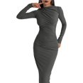 thumbnail image 2 of Vestido Ajustado de Otoño para Mujer, de Larga, con Cuello Redondo Fruncido y Corte Entallado, Vestido de Cóctel para Fiesta Gris Oscuro L, 2 of 9