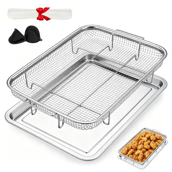 Godance Air Fryer Basket for Oven, 15.8''×11.8'' Air Fryer Basket and Tray with 30 Parchment Papers and Gloves, Stainless Steel Non-Stick Air Fryer Pan and Crisper Tray for Cooking, Dishwasher Safe