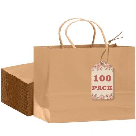 Kraft Brown Gift Bags with Handles Bulk 100 Pack -13x4.5x10 Inches Large Recyclable for Birthday Wedding Party Favors Retail Goodie Bags