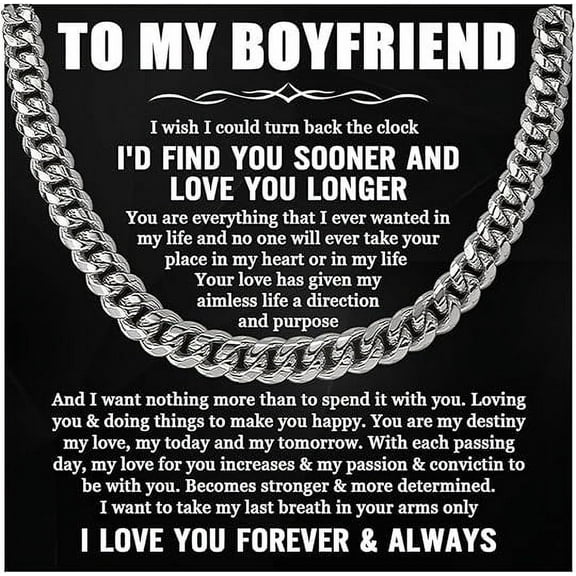 To My Boyfriend Chain Necklace from Girlfriend Gift With Message Card and Gift Box, Cuban Link Chain Necklace for Boyfriend on His Birthday, Curb Chain Gift for Boyfriend from Girlfriend