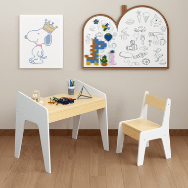 Wooden Kids Table and Chair Set - Study & Play Activity Table for Ages 2-8, White & Natural Wood​​