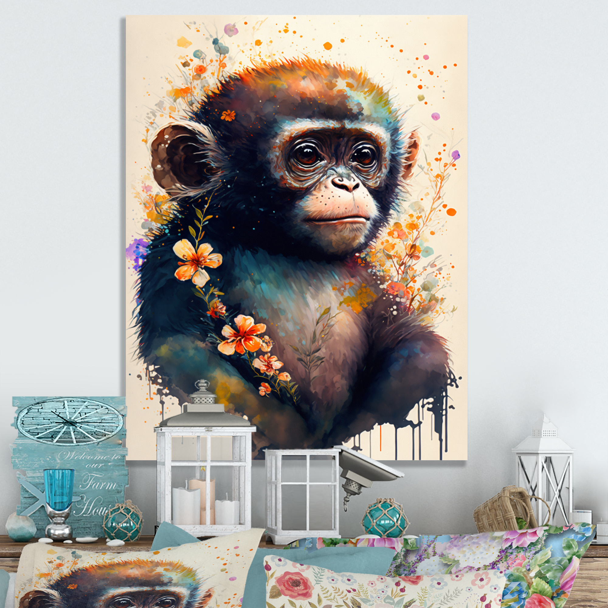 Designart Cute Monkey Floral Art II Canvas Wall Art