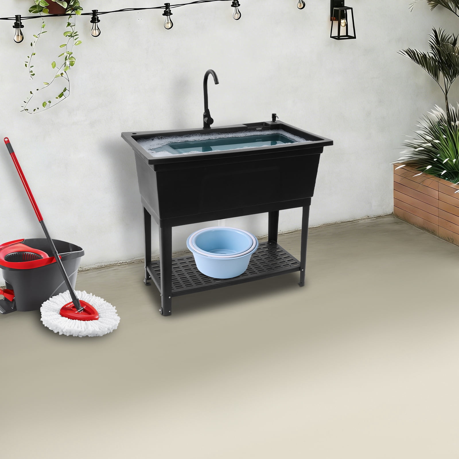 Black PP Kitchen Sink 101.4x60x38cm Independent Heavy-Duty Sink Household Multifunctional Drain Basin