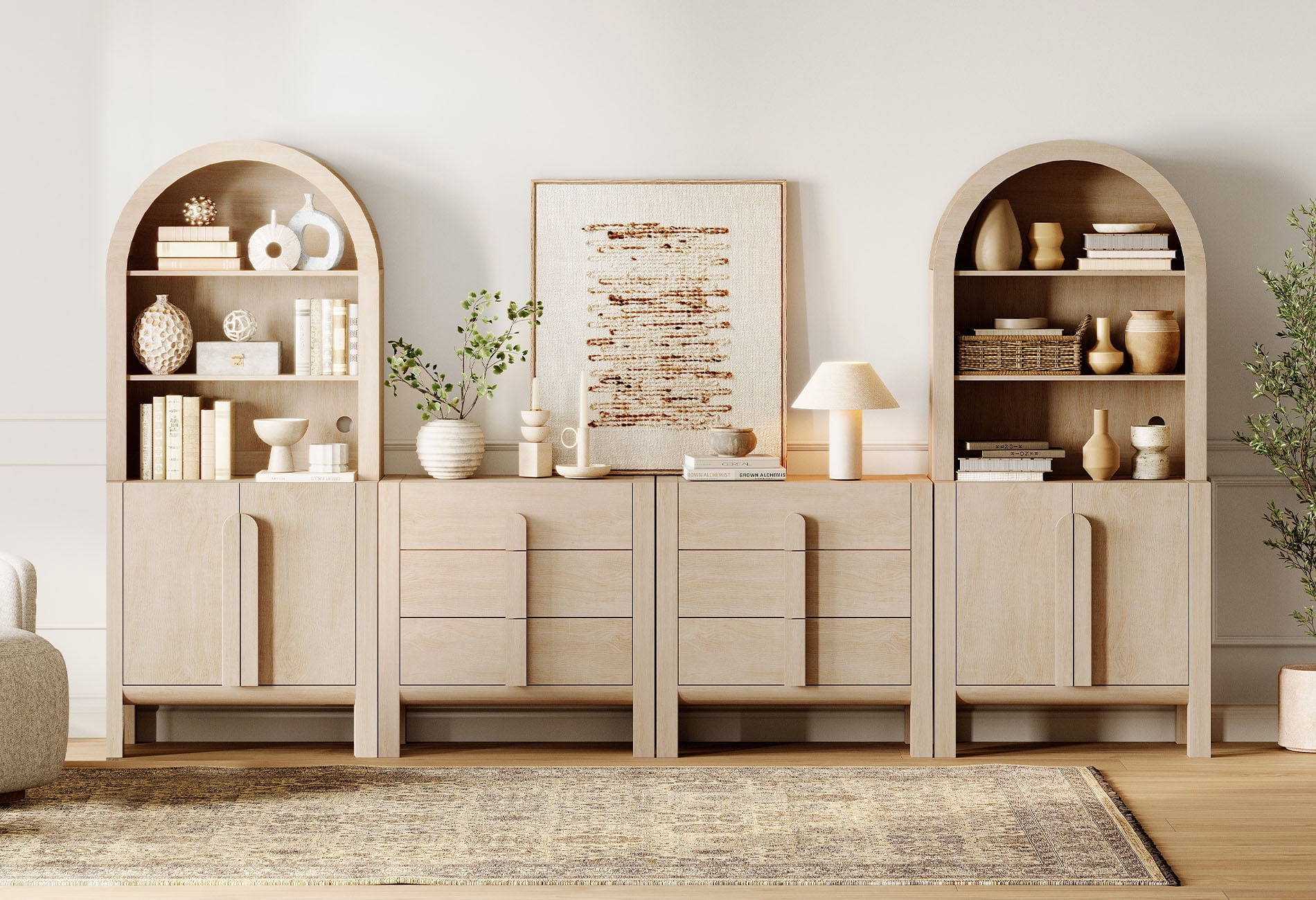 71"H X 126"W Tall Arched Bookshelf with 6 Drawers and 2 Cabinets, Modern 10-Tier Bookcase with Open Storage, Large Wood Display Cabinet For Living Room Bedroom Home Office Kitchen