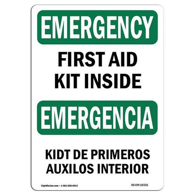 SignMission OS-EM-A-1014-L-10321 10 x 14 in. OSHA Emergency Sign - First Aid Kit Inside Bilingual
