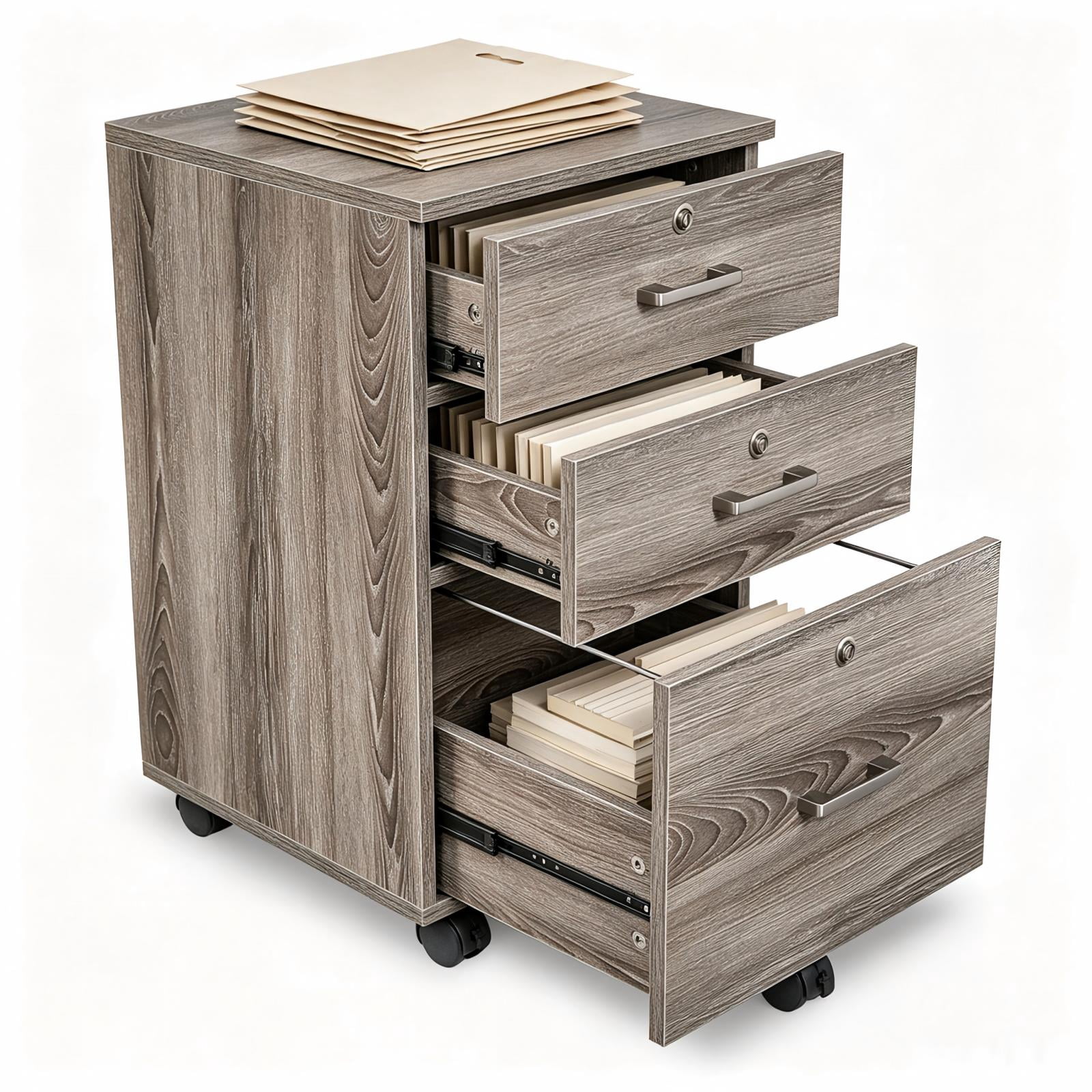 3-Drawer Particleboard Filing Cabinet, 15.7 x 15.7 x 26 in, Grey Oak