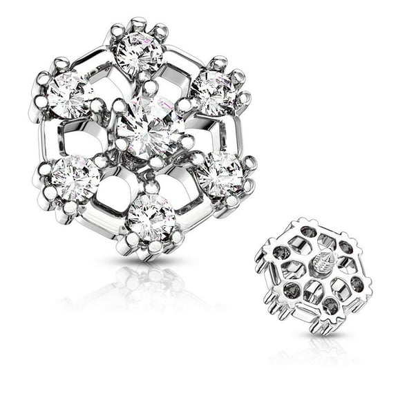 MoBody 7 CZ Hexagonal Top Surgical Steel Internally Threaded Dermal Anchor Body Piercing Top 14G (Silver-Tone)
