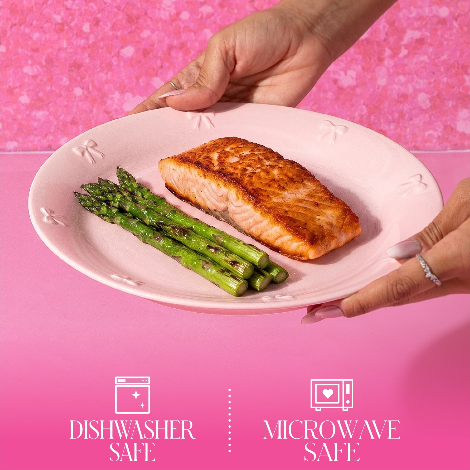 Paris Hilton London Collection 10.5-Inch Stoneware Ceramic Dinner Plates, Set of 4, Microwave & Dishwasher Safe, Pink with Embossed Bow Detailing