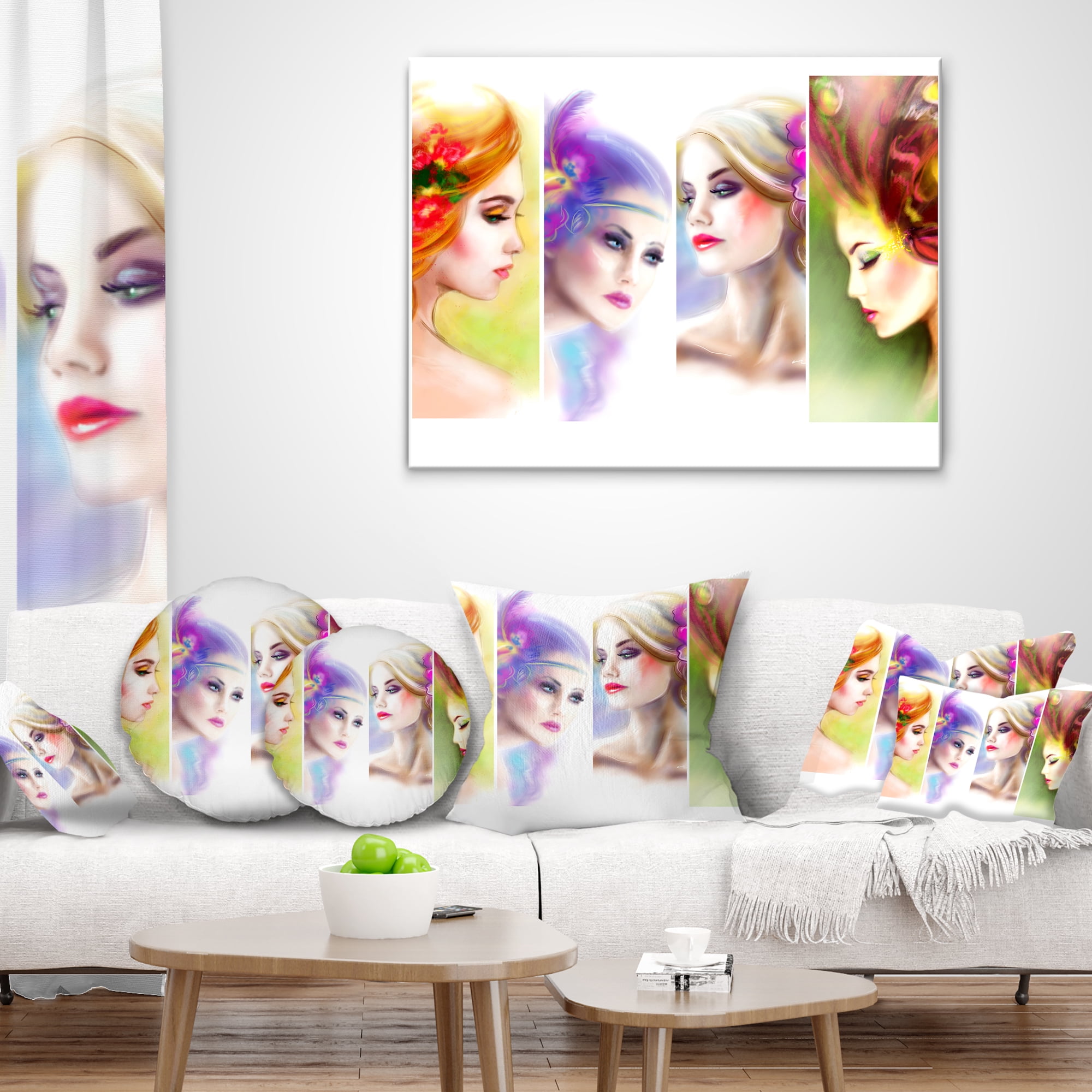 Designart Colorful Women Face Collage - Abstract Portrait Throw Pillow - 12x20
