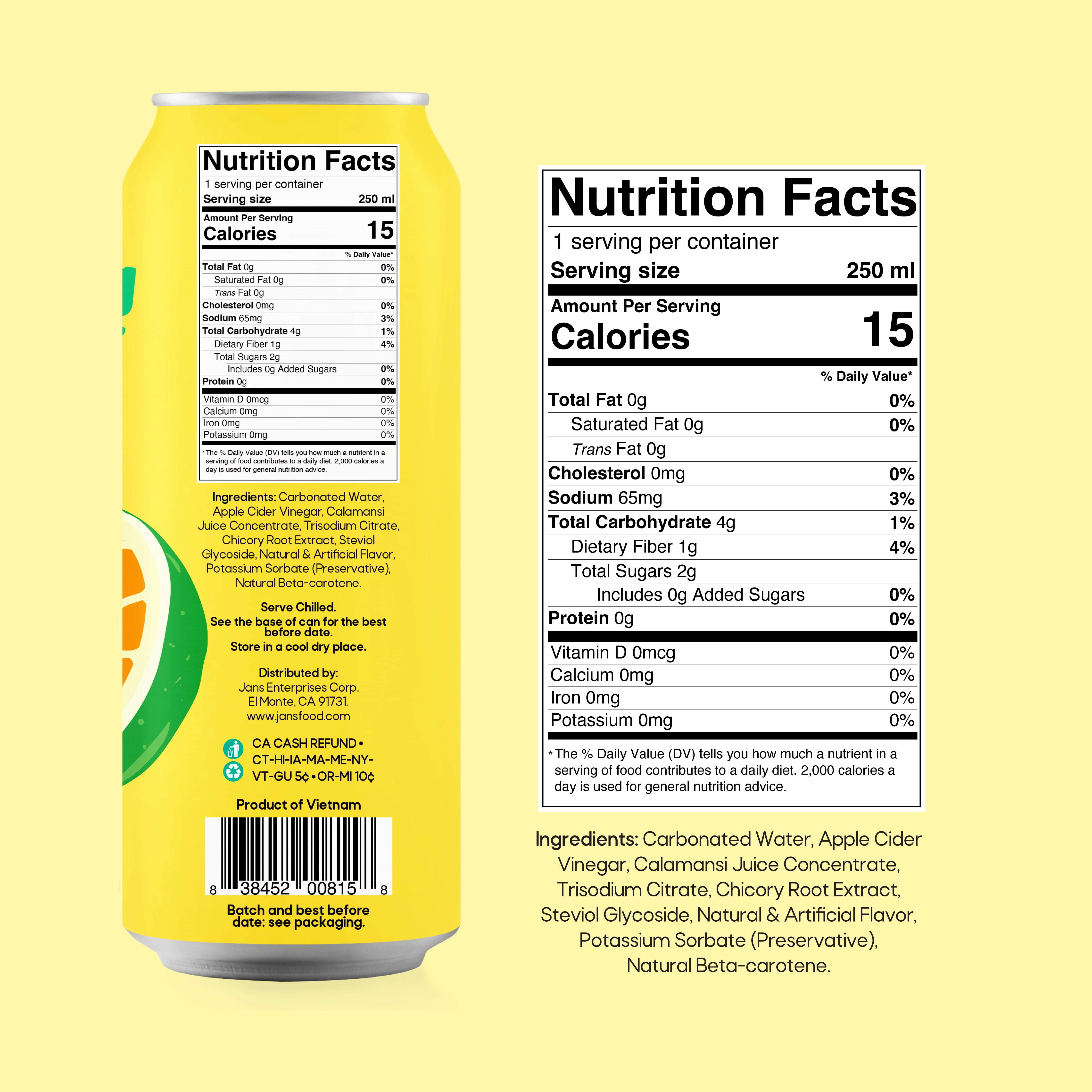 Jans Sparkling Prebiotic Soda Beverage, 8.4 oz Cans – Low Calorie, No Added Sugar – Non-GMO Sparkling Fruit Beverage – Gut Health Support – Naturally Refreshing (24-Pack, Calamansi)