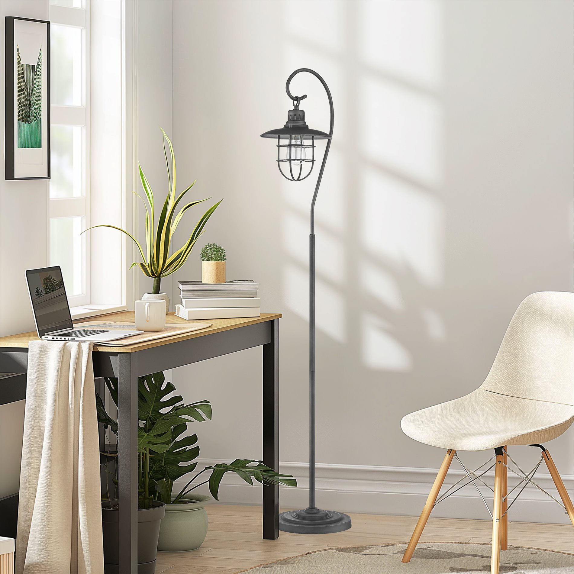 Kira Home Lantern 58" Nautical Floor Lamp + 6W Bulb ( / ), Hanging Shade Design + Cage, Brushed Pewter
