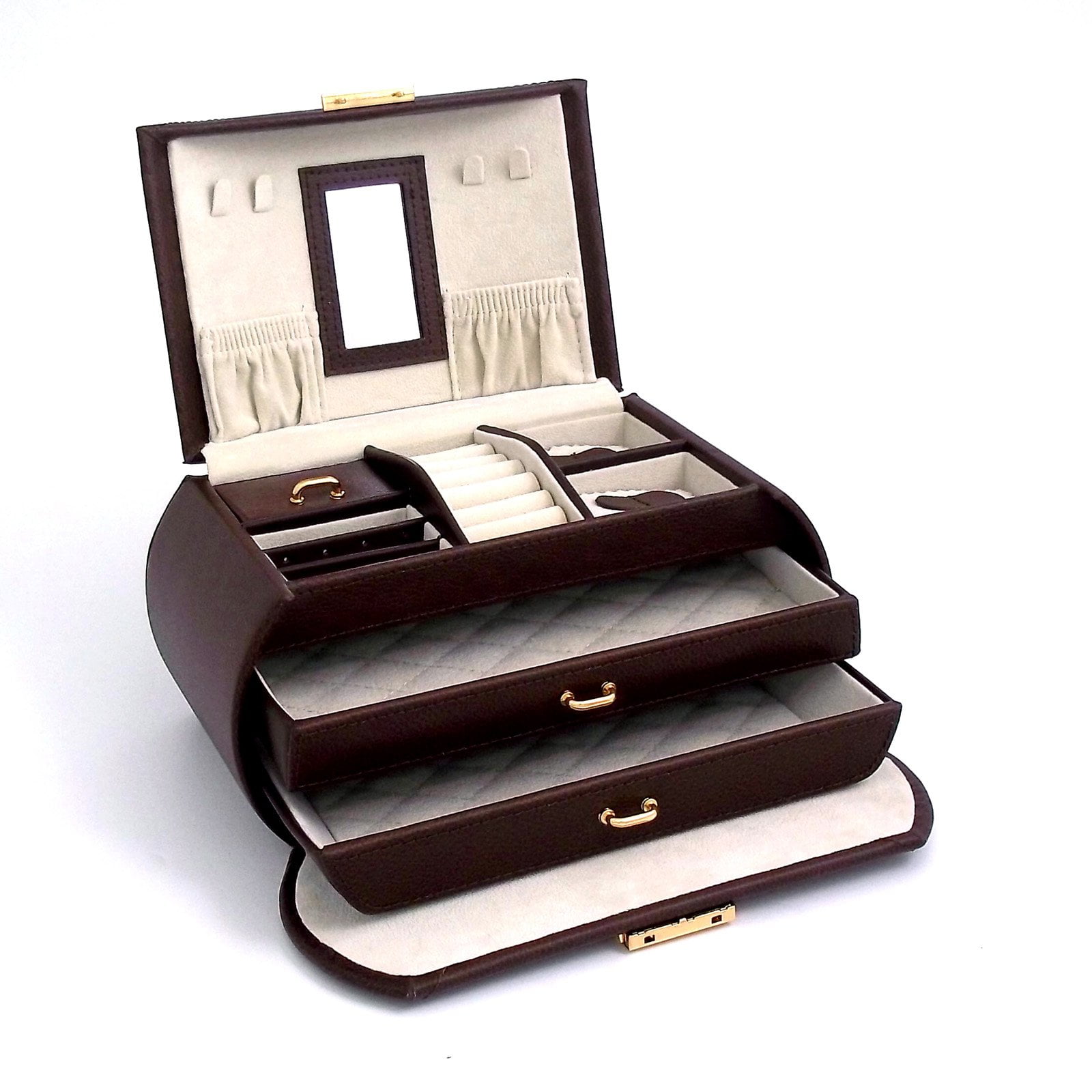 Brown Multilevel Travel Leather Jewelry Box 9W x 5.25H in.