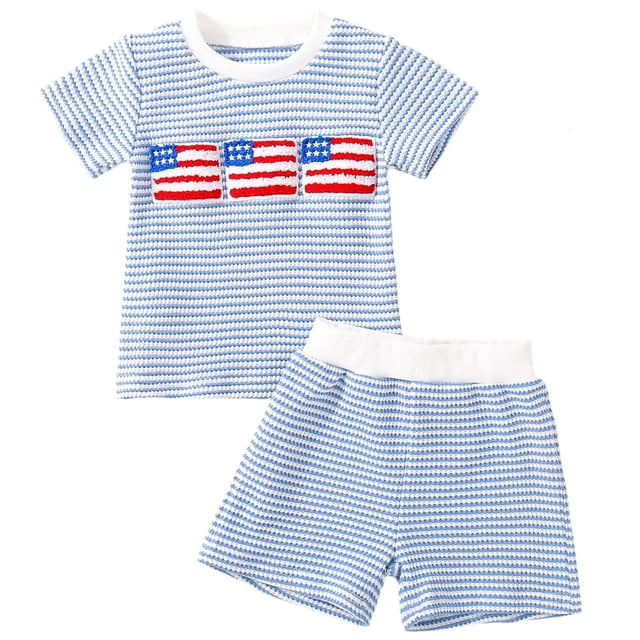 Odeerbi Camiseta de Manga Corta A Rayas de Bordado de Bandera Americana Con Pantalones Cortos Para Niños