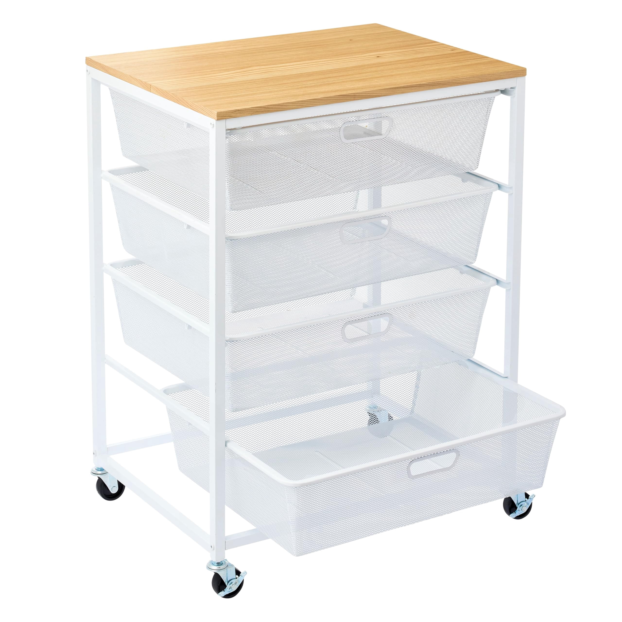 Metro White 4 Drawer Rolling Cart by Simply Tidy - Mobile Storage Organizer with Mesh Drawers & Woodgrain Top - Large Workspace for Craft - Office & Home Organization - 1 Pack