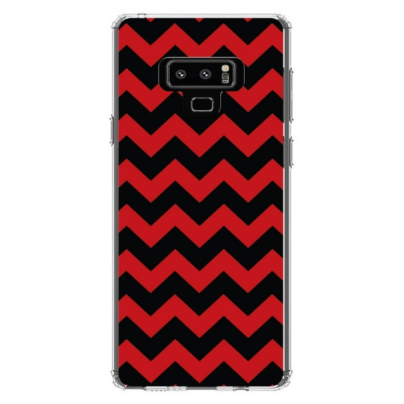 DistinctInk Clear Shockproof Hybrid Case for Samsung Galaxy Note 9 - TPU Bumper, Acrylic Back, Tempered Glass Screen Protector - Black Red Stripes - Stripes Pattern