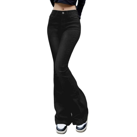 Aocisk Women's Casual Pants Retro Flared Jeans Loose Fit Comfortable Denim Trousers for Daily Wear and Outings Flared Jeans for Women with Style Black XXXL