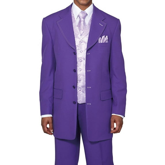 Milano Moda Single Breasted,Double Vent,High Fashion Suit with Matching Vest, Tie & Hankie 46Long Purple