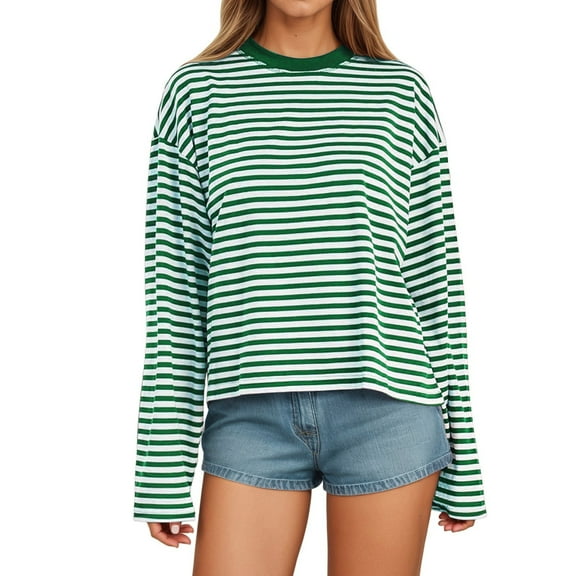 Womens Long Sleeve Tops T Shirts Striped With Color Design Loose Fit Crewneck Fall Clothes for Women Tees Blouses Green XL