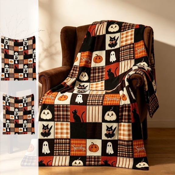 Ouuluon Halloween Cute Throw Blanket, Soft Warm Plaid Pumpkin Blanket for Sofa Bed Home Fall Decor