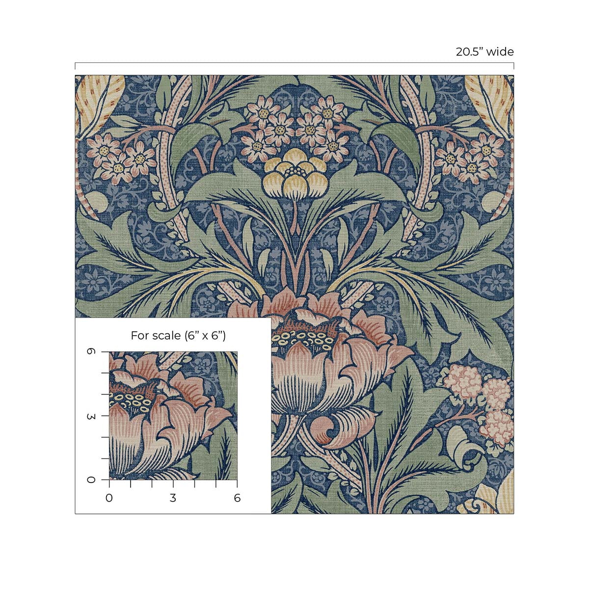 Seabrook Designs  Acanthus Floral Prepasted Wallpaper 20.5 in. W x 33 ft. L - Denim Blue & Salmon