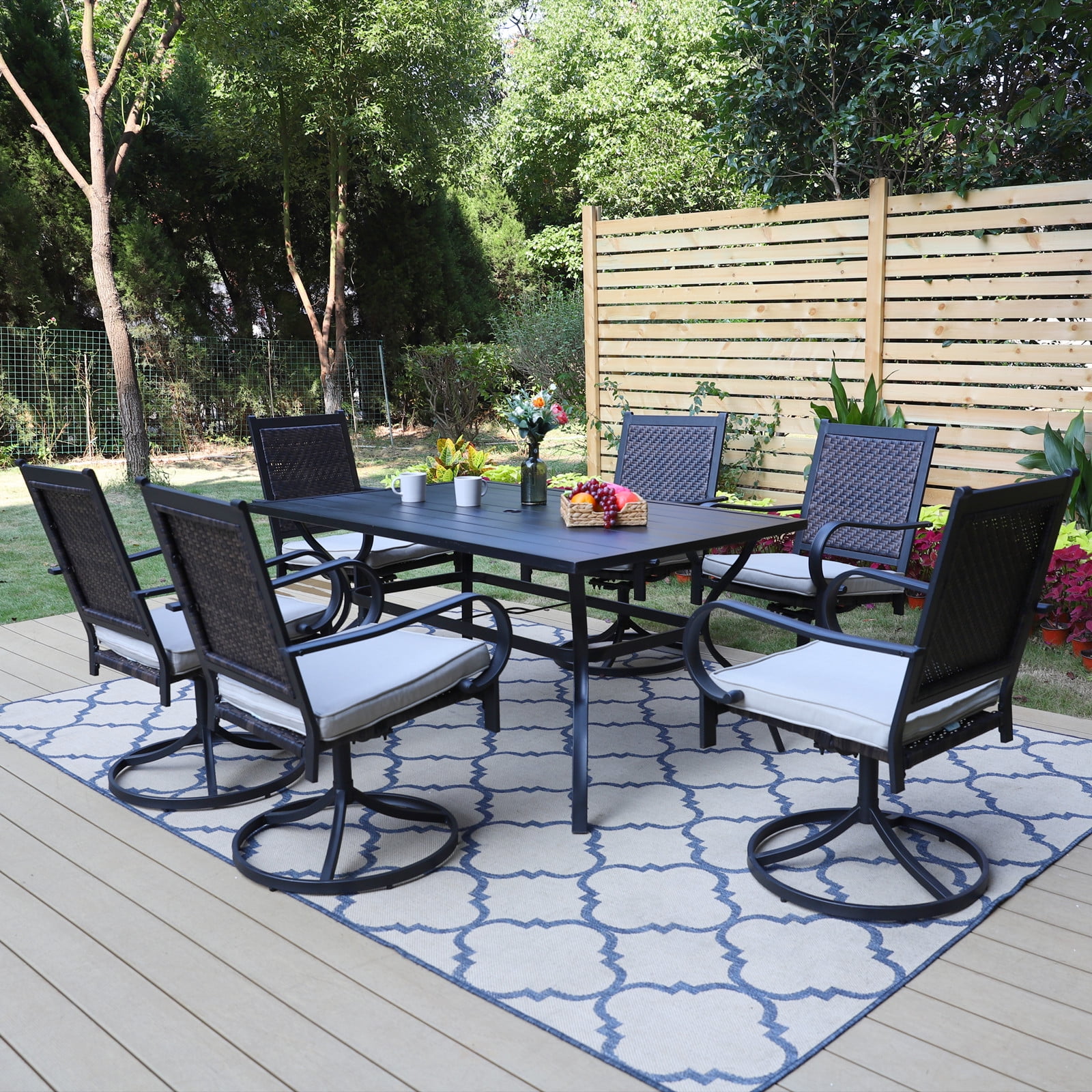 MF Studio 7 Pieces Outdoor Patio Dinning Set with Steel Table and 6 Rattan Cushioned Swivel Chairs