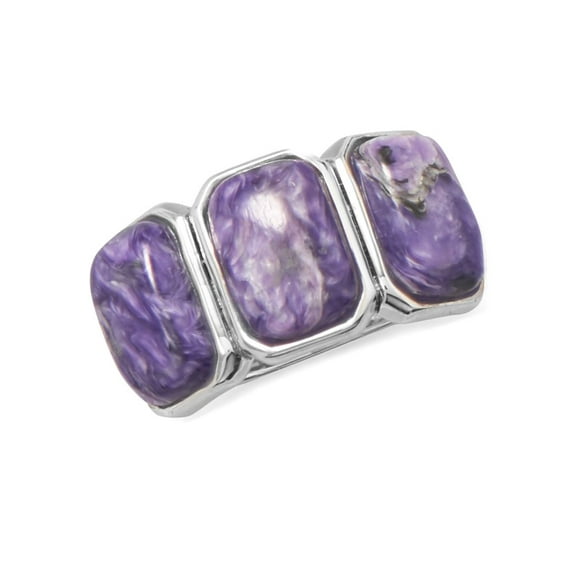 Three Stone Purple Charoite Wide Band Ring Sterling Silver