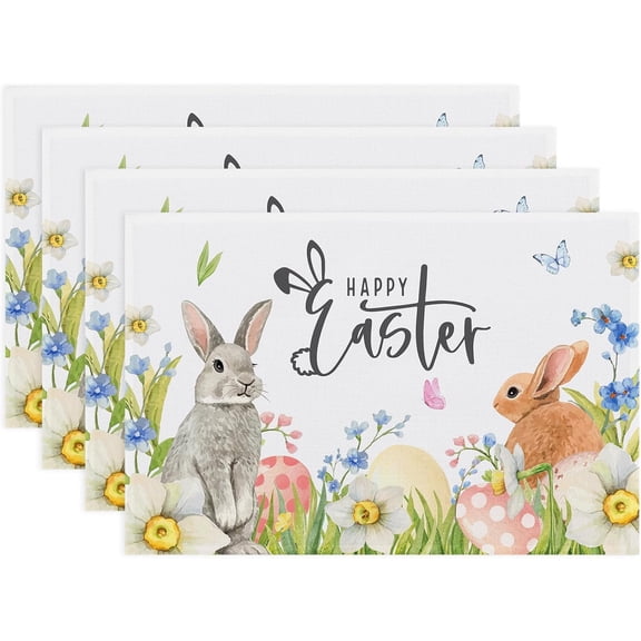 Easter Bunny Placemats Set of 6-12x18 Inch - Spring Rabbit Egg Flowers Floral Decoration Place Mats, Stain Resistant Wipeable Table Mats for Party/Dining/Ourdoor