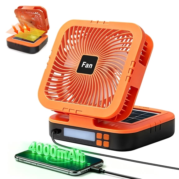 Solar Camping Fan with LED Light, 4000mAh Rechargeable Tent Fan, 4 Speeds, 90° Oscillation, Portable Outdoor Fan for Camping, Travel and Emergency Use