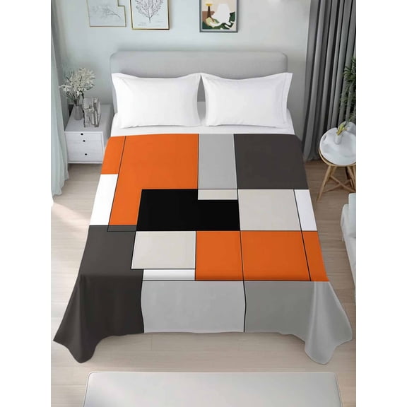 Burnt Orange Black Full Size Flat Sheet, Wrinkleproof & Fadeproof Cooling Flat Bed Sheet Only, Modern Abstract Geometric Breathable Soft Bedding Top Sheets 81 x 96 Inches
