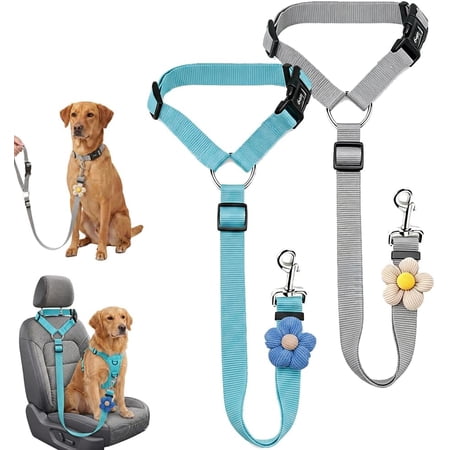 Dog Car Seat Belt 2 Pack, Adjustable Pet Safety Leash for Headrest, Durable Nylon Car Harness Restraint for Vehicle Travel(Grey+Blue)Q