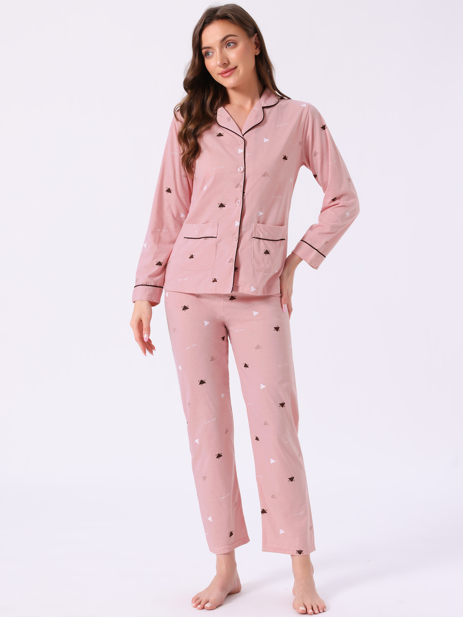 DARING DIVA Lounge Set Cotton Button Up Cute Print Pajama Set L Triangle