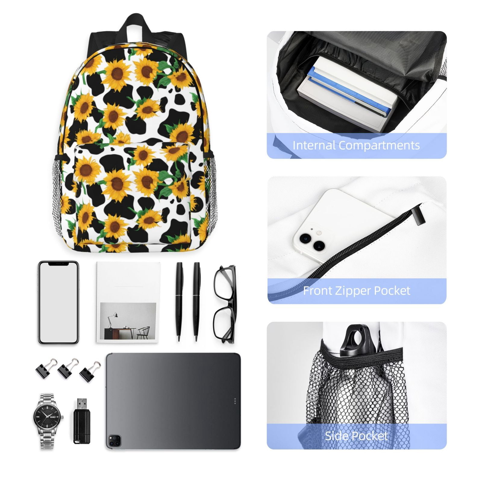 Rateoe Cute Cow Print Sunflower C Pattern Student Backpack Water-resistant Backpack 15-inch Laptop Backpack Lightweight Adjustable School Backpack