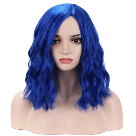 RightOn 14" Women Girls Blue Wig Short Curly Wig Dark Blue Bob Wig Blue Hair Wig Charming Beach Wave Wigs with Wig Cap