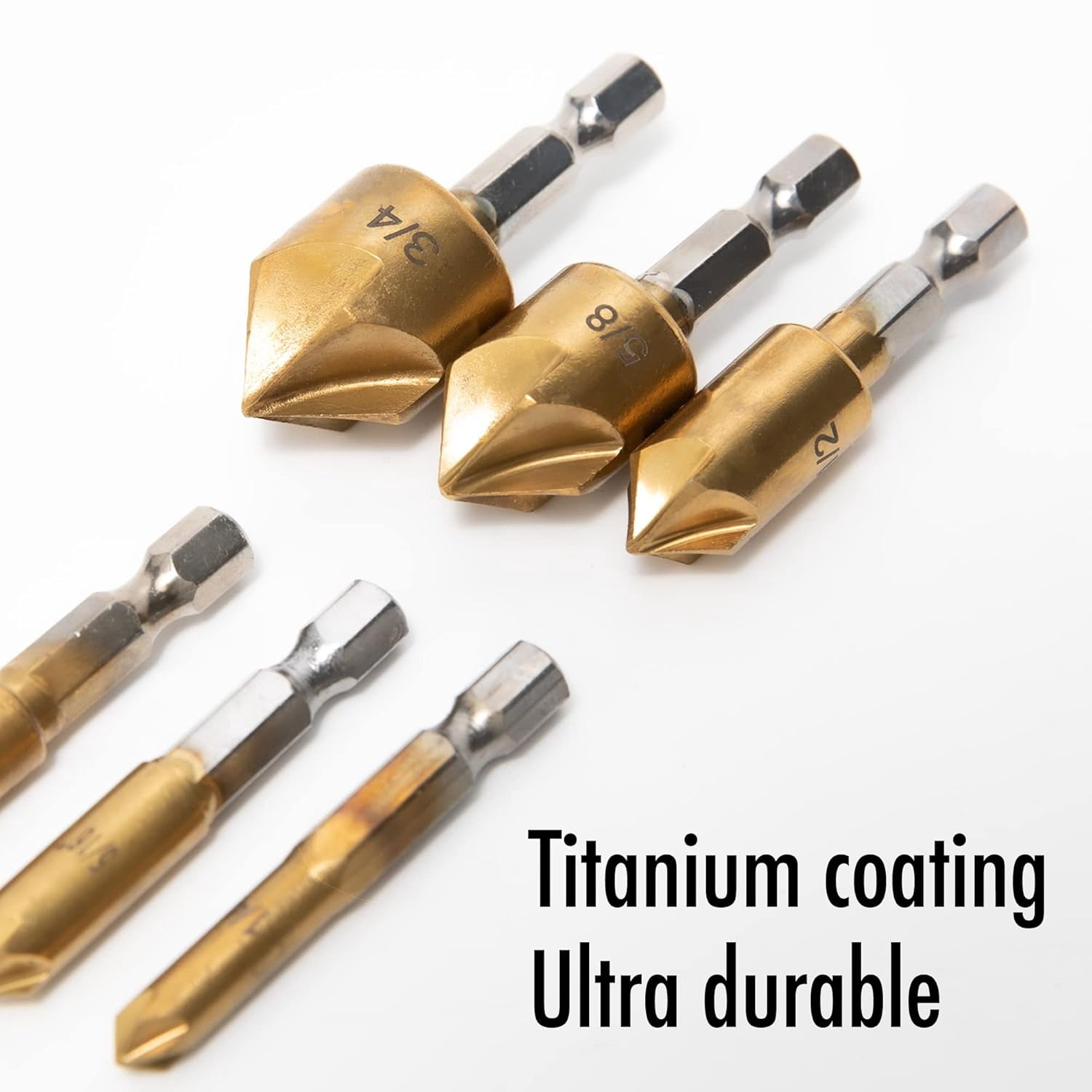 FRKSMD-6 Pcs Countersink Drill Bit Set with Case 1/4'' Hex Shank HCS 5 Flute Countersink 90 Degree Center Punch Tool Sets for Wood, Quick Change Bit 1/4” 5/16" 3/8” 1/2” 5/8” 3/4”
