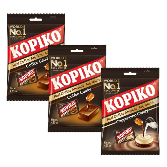 Kopiko Coffee Candy 4.23 oz Bags VARIETY PACKS - 2 Bags of Coffee & 1 Bag of Cappuccino Flavors (Pack of 3)
