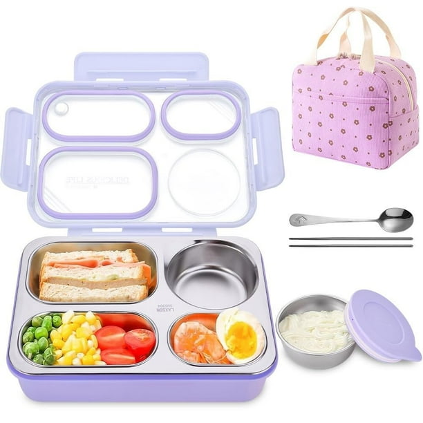 Lonchera Bento Box, Portátil Fiambrera Acero Inoxidable para Adultos con 5 Compartimentos, Luncheras Escolares 1150ML con Charola Extraíble, Tazón de Sopa y Bolsa Almuerzo, Fácil de Lavar
