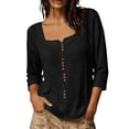 thumbnail image 5 of Women's Solid Casual Button Placket V Neck 3/4 Sleeve Top, Daily Commute Pullover Blouse Shirt for Spring Fall Black XL(XL), 5 of 9