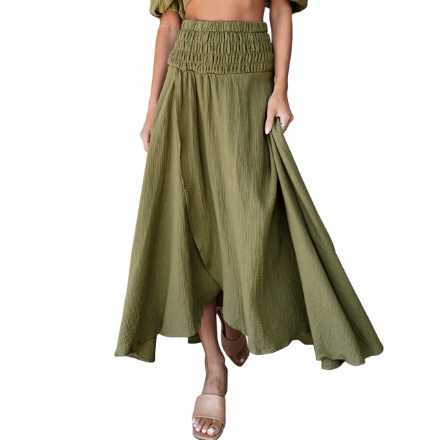 VISgogo Falda larga ahumada para mujer, falda con abertura de color sólido de cintura alta informal de verano para adultos VISgogo moda