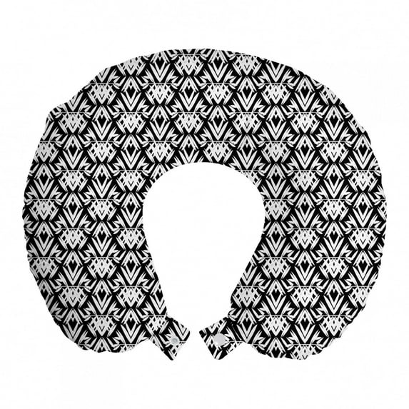 Abstract Travel Pillow Neck Rest, Overlapping Nature Leaf Inspired Lengthy Details in Monochrome Style, Memory Foam Traveling Accessory Airplane and Car, 12", Charcoal Grey and White, by Ambesonne