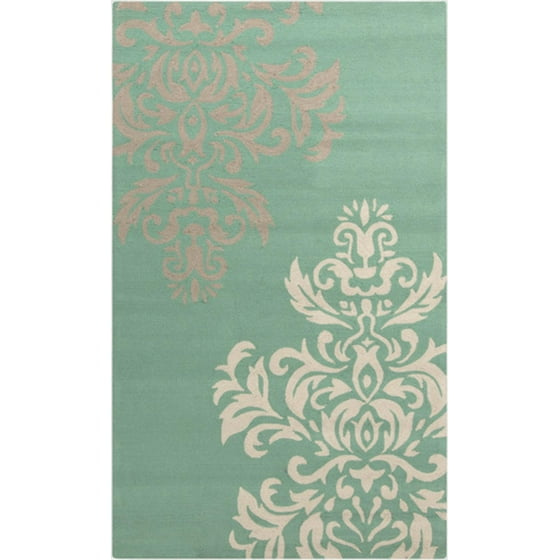 5' x 8' Dashing Damask Mint Green, White and Gray Hand Hooked Outdoor