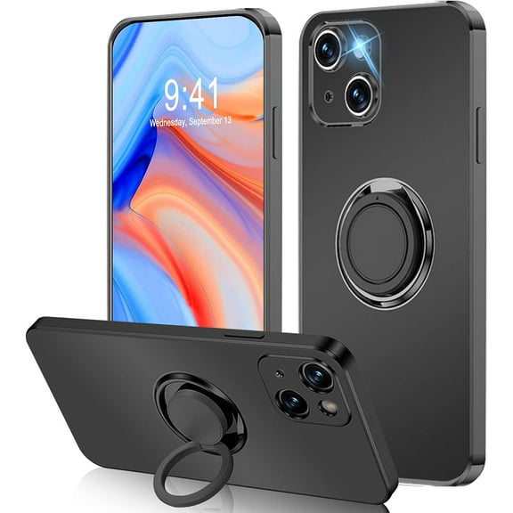 iPhone 13 Case [Ring Holder Magnetic Kickstand] Plating Silicone Shockproof Soft Slim Phone Case for Women Girls Stand Protective Cover for iPhone 13 6.1 Inch Black