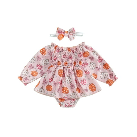 

Okbabeha Girl Halloween Romper Pumpkin Long Sleeve Smocked Jumpsuit Headband