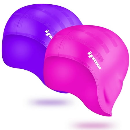 2-Pack Silicone Swim Caps, IPOW Waterproof Swimming Cap Hat Swim Caps for Women Men Adults Long Hair Kids Girls and Boys, Purple + Rose Red