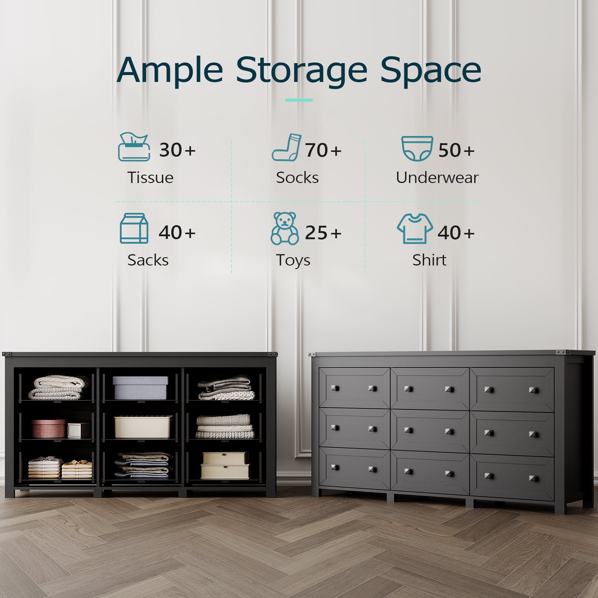 9-Drawer Dresser for Bedroom, Modern Wide Chest of Drawers, Wooden Storage Organizer for Closet, Living Room, Entryway, Home Office, Dresser with Ample Storage