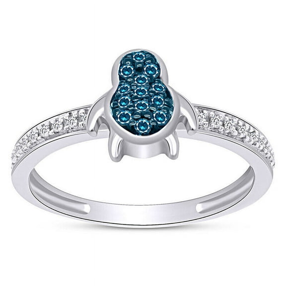 1/10ct Real Blue & White Round Diamond Penguin Ring in 925 Sterling Silver