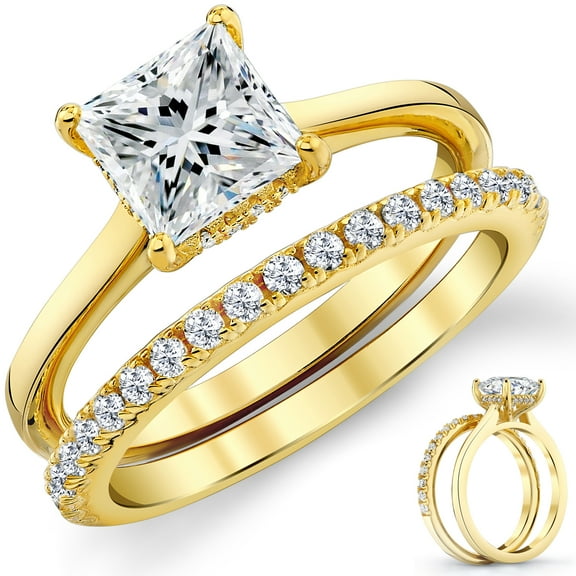 Metal Masters Womens 1.85Ct Princess Round-Cut Moissanite Under-Halo Wedding Ring Set in 18K Yellow Gold Plated 925 Sterling Silver