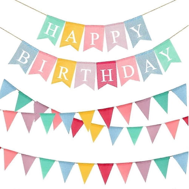 Happy Birthday Banner & 3 Pack Bunting Banner,Fabric Bunting Banner Colorful Pennant Flags Outdoor Indoor Hanging for Home