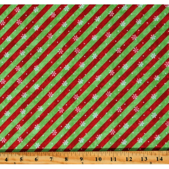 Cotton Christmas Wonder Red and Green Diagonal Stripes Snowflakes Winter Holidays Cotton Fabric Print by the Yard (25323-24)