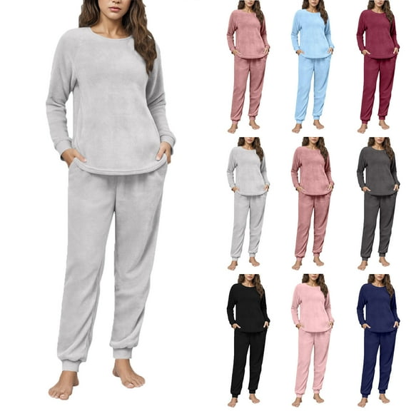 Mifsaly Fleece Pajama Sets for Women 2 Piece Warm Pjs Matching Outfits Raglan Long Sleeve Crewneck Cozy Sleepwear Soft Soild Color Nightwear Thermal High Waist Pants with Pockets Casual Homewear