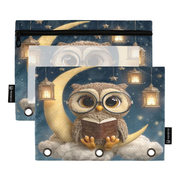 2 Pack 3 Ring Binder Pouch with Clear PVC Window Water Resistant Zipper Pencil Pouch Cute Owl Binder Pocket for Classroom Office Home Stationery Organization